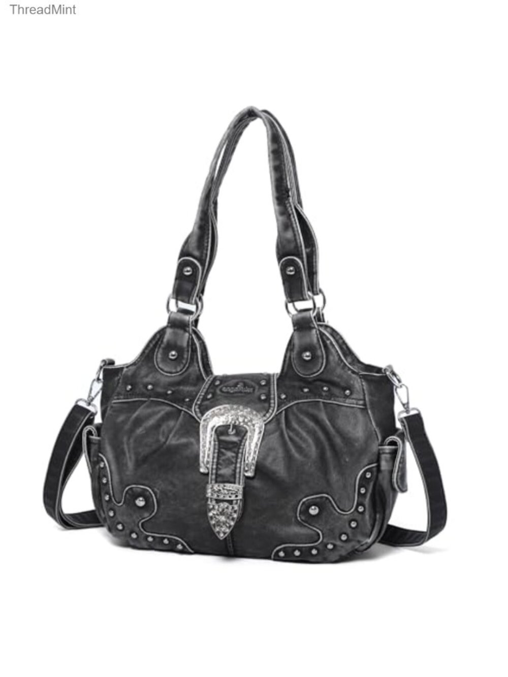Women's Vegan Leather Hobo Handbag with Metal Studs, Adjustable Crossbody Strap